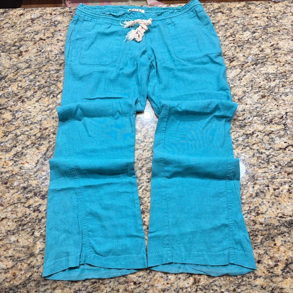 Roxy Ocean Side Teal Blue Linen Blend Beach Pants L Smocked Waist Drawstring v